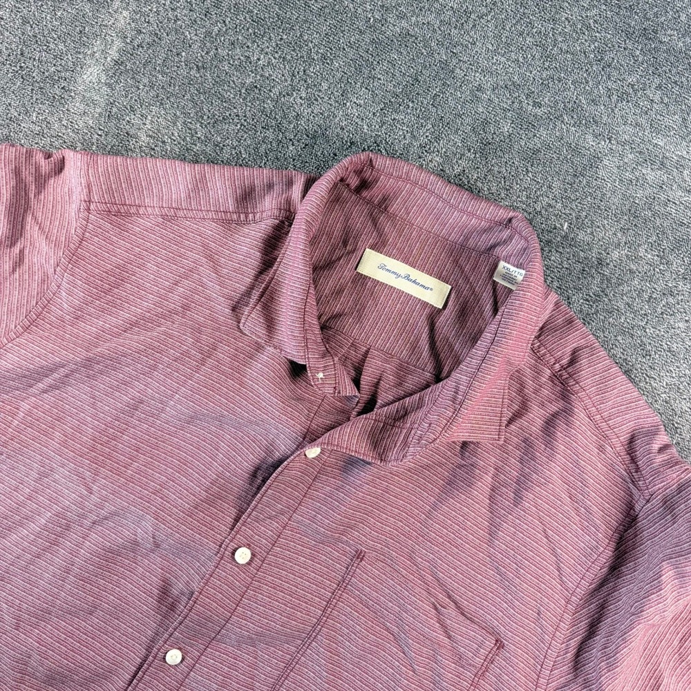 Tommy Bahama Mens XXL Short Sleeve Button Down Shirt Burgundy Striped Tencel